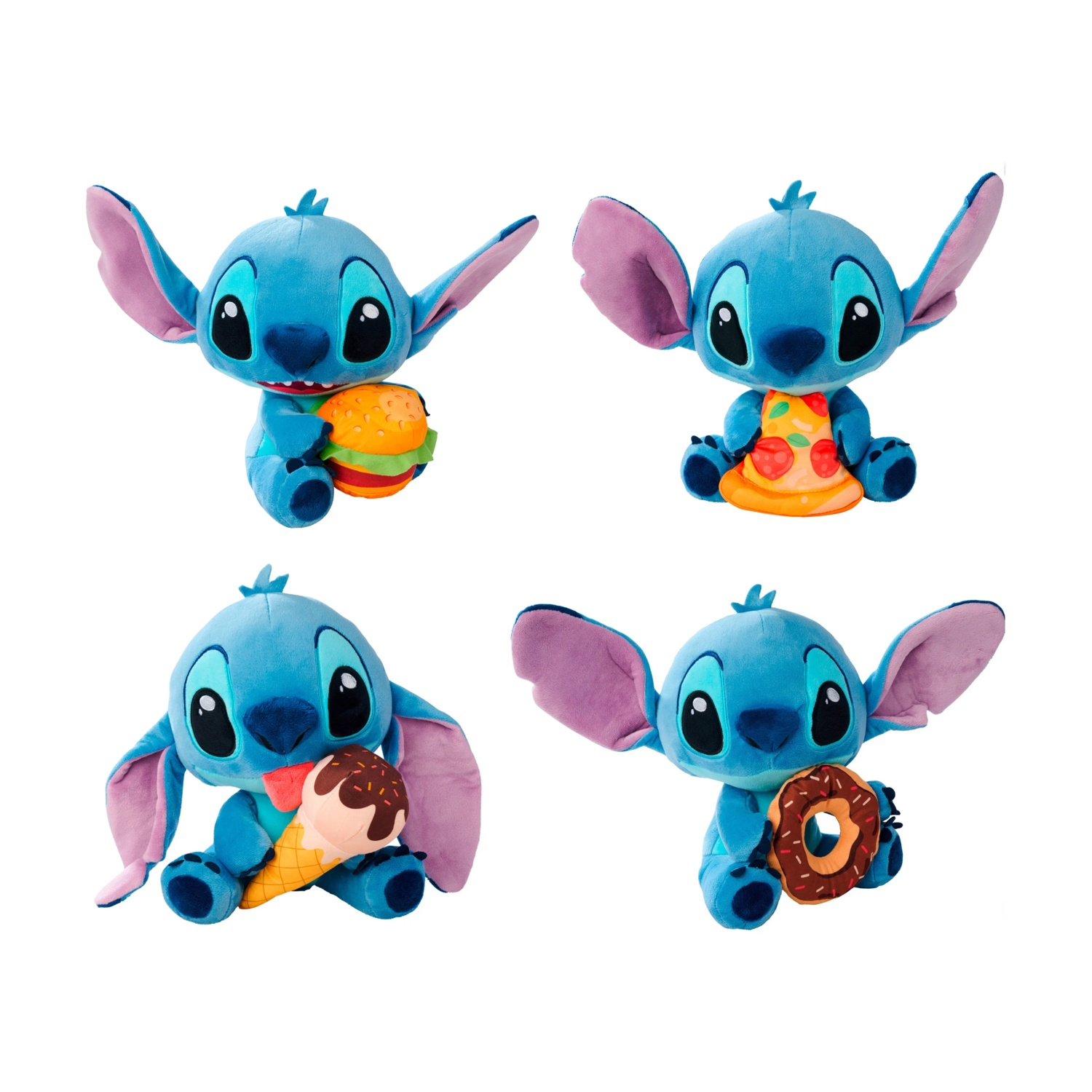 Cztery pluszowe zabawki Stitch, każda trzymająca inne jedzenie: burger, pizza, lody i pączek. Wszystko na białym tle.
