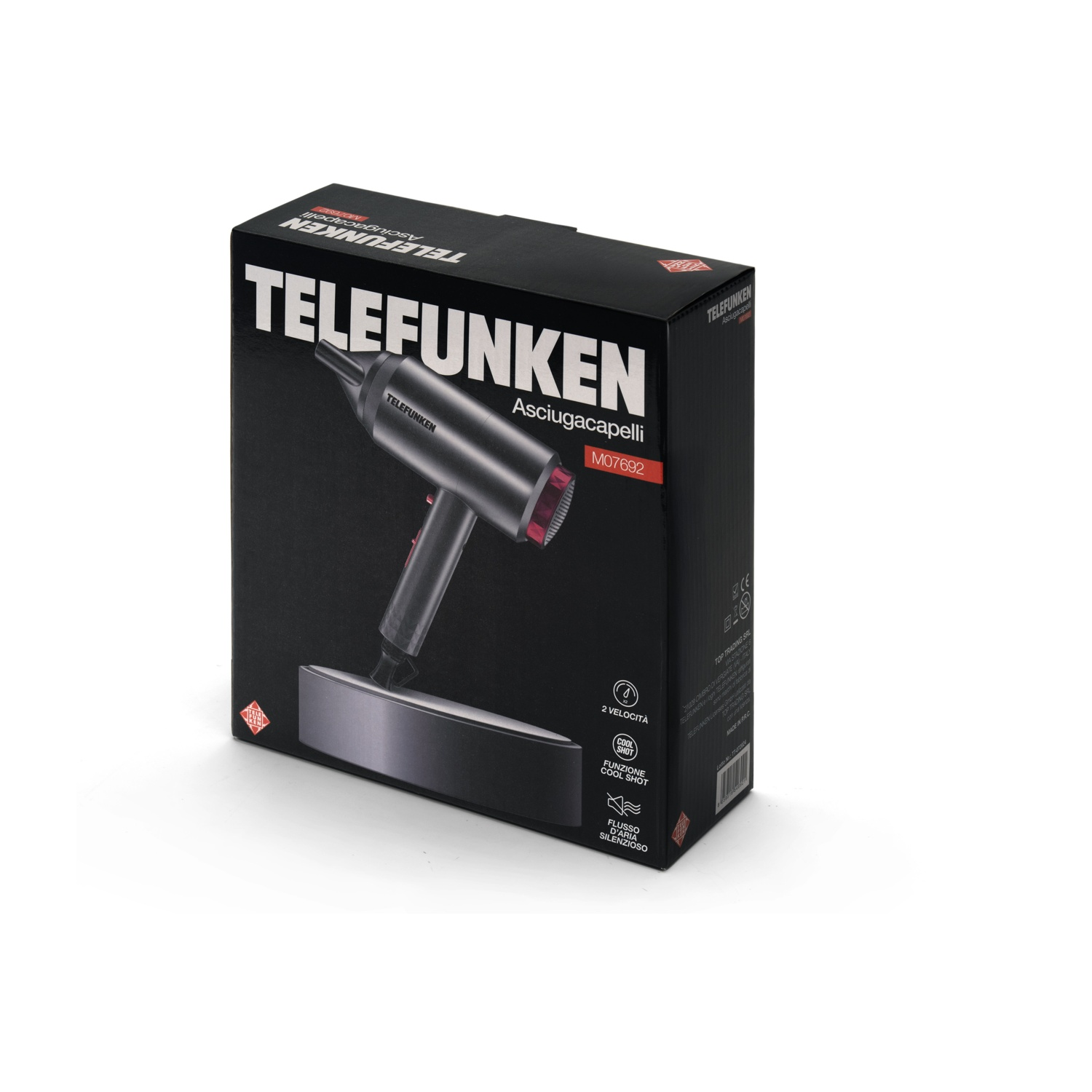 Czarne pudełko suszarki do włosów TELEFUNKEN. Pudełko ma zdjęcie suszarki do włosów. Tekst zawiera 'Asciugacapelli' i 'M07692'.
