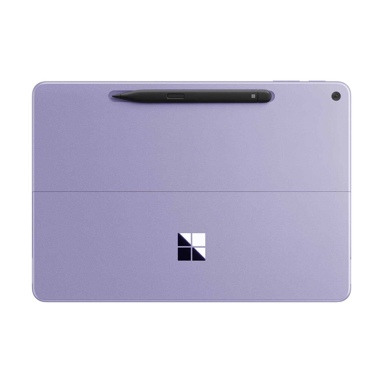 Fioletowy tablet z dołączonym czarnym rysikiem. Widoczne logo Microsoft. Obiektyw aparatu znajduje się w prawym górnym rogu.