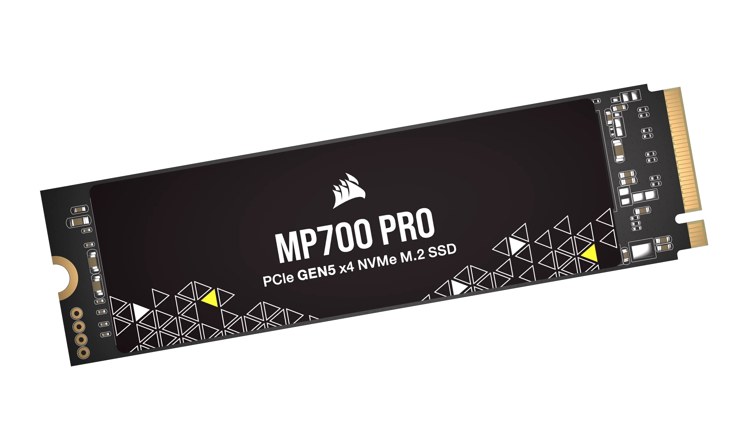 SSD NVMe M.2 Corsair MP700 PRO nero su sfondo bianco. Ha testo bianco e dettagli gialli. È visibile anche un logo Corsair.