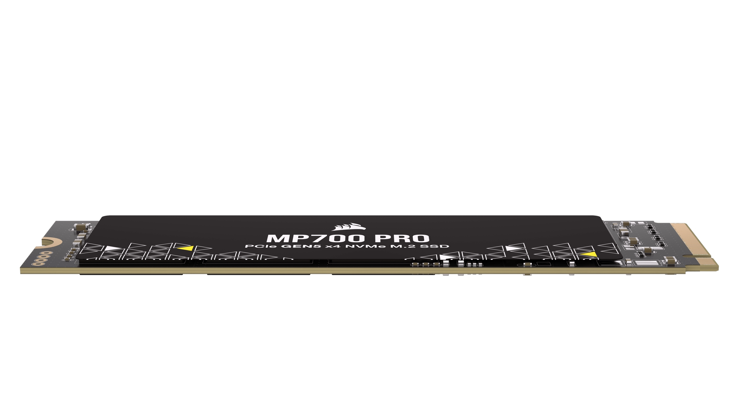 È mostrato un SSD MP700 PRO PCIe GEN5 x4 NVMe M.2 nero. È su un circuito dorato, sfondo bianco.