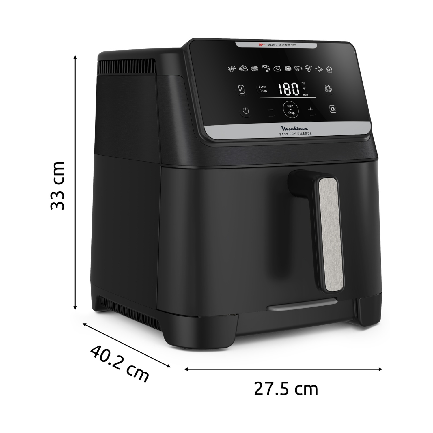 Ein schwarzer Airfryer mit Digitalanzeige, Maße: 33 cm hoch, 40,2 cm breit und 27,5 cm tief. Die Marke ist Moulinex.