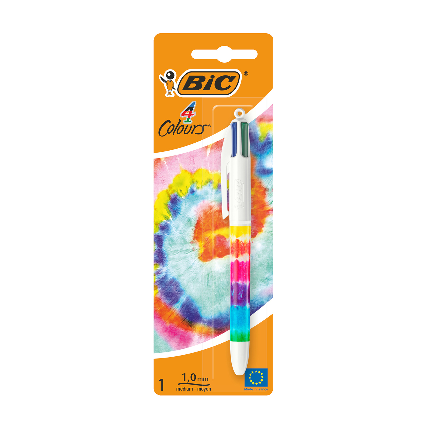 Długopis BIC 4 Colours w opakowaniu. Długopis ma biały korpus z kolorowymi sekcjami. Opakowanie ma wzór tie-dye.
