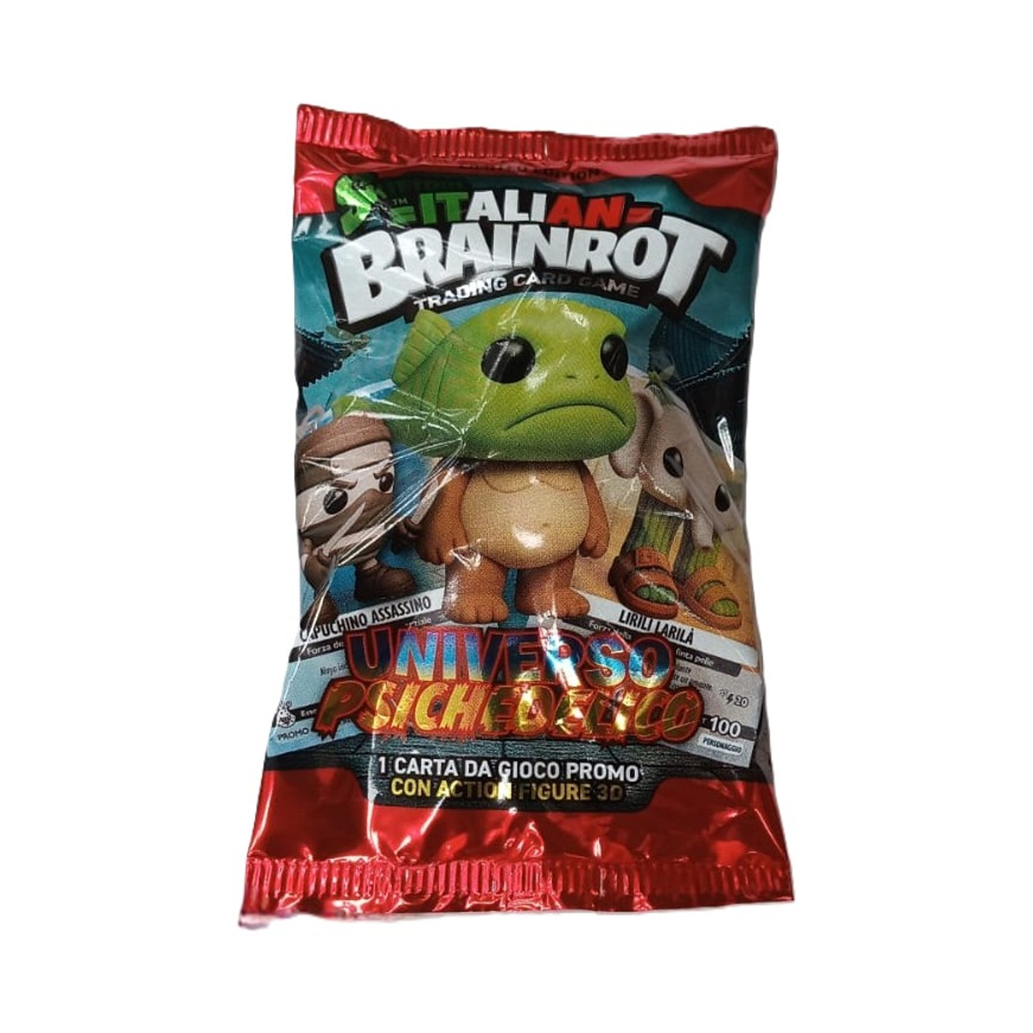 Paczka gry karcianej Brainrot. Pokazuje postacie z kreskówek, główną postacią jest zielone stworzenie podobne do żaby. Paczka jest czerwona i niebieska.