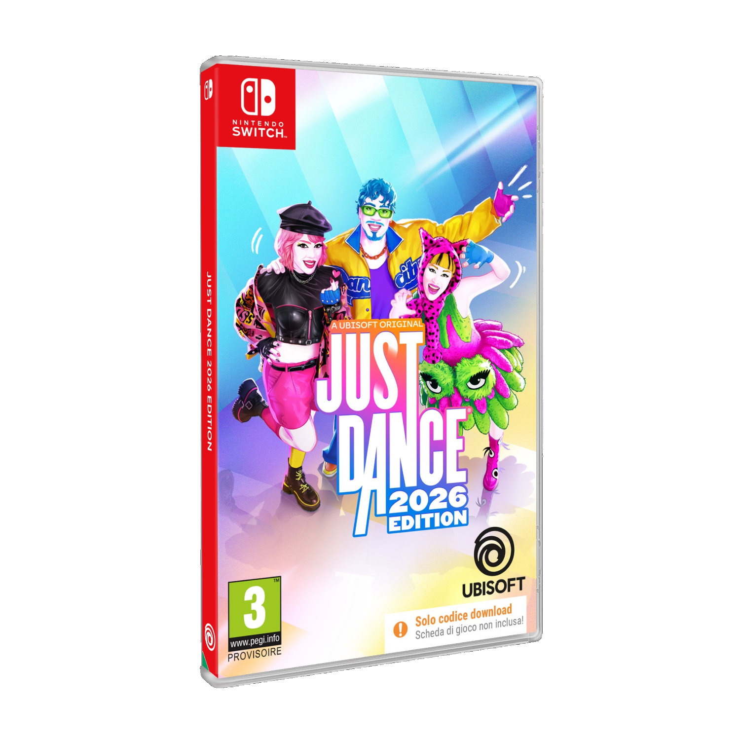 Opakowanie gry Just Dance 2026 Edition. Zawiera trzech kreskówkowych tancerzy i logo Nintendo Switch. Widoczne logo Ubisoft.