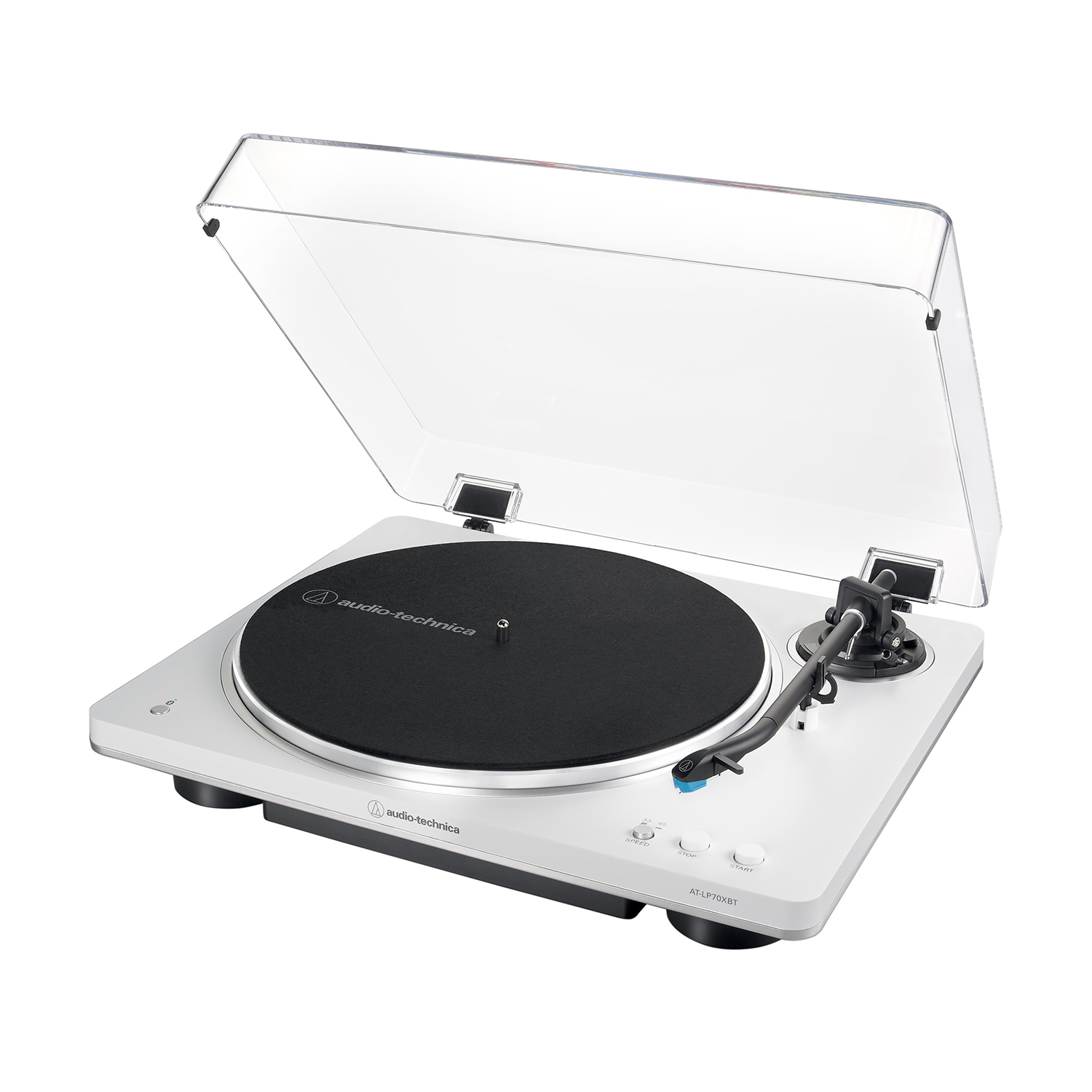 Ein weißer Audio-Technica-Plattenspieler mit schwarzem Teller, klarer Abdeckung und Bedientasten.