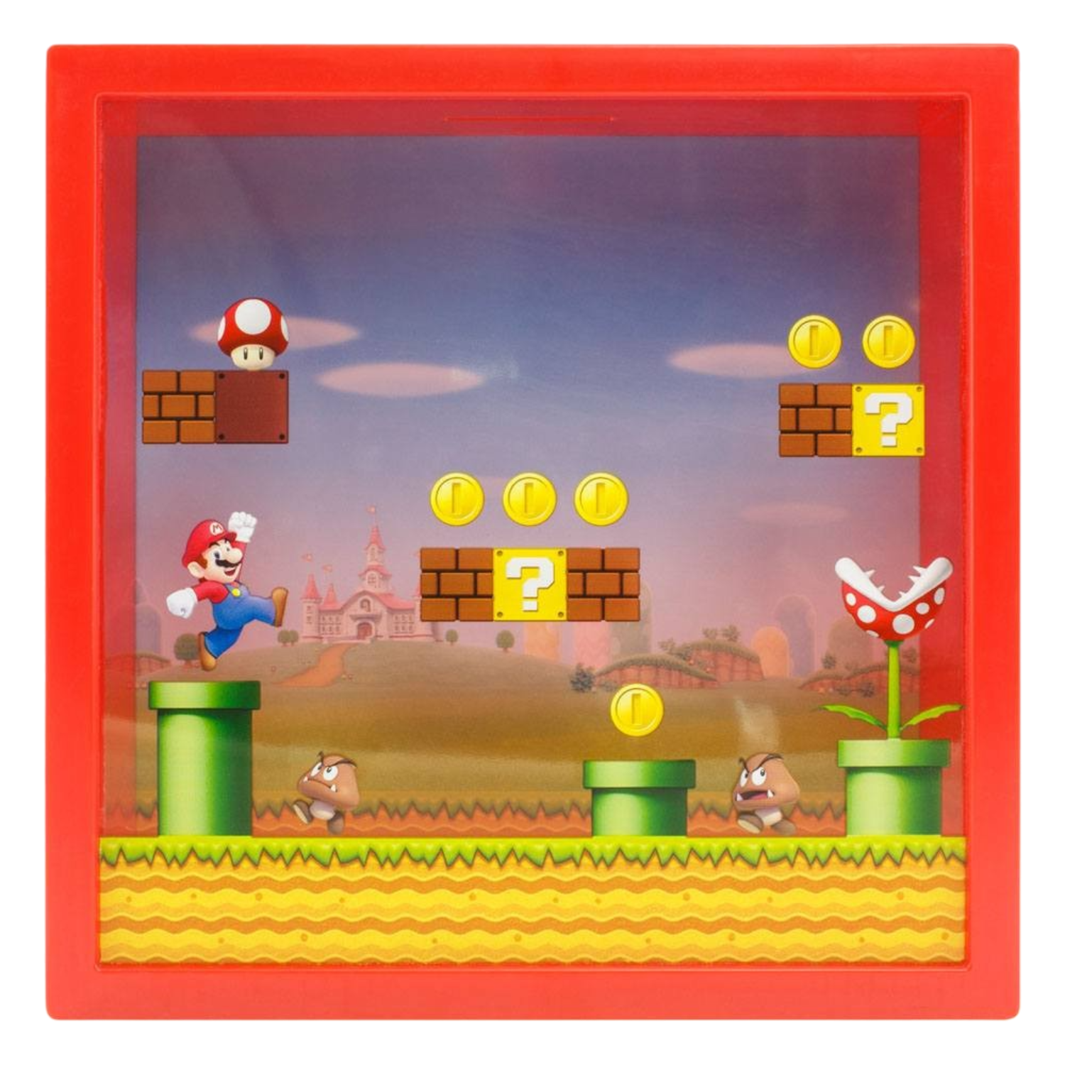 Gerahmte Super Mario-Szene. Mario springt in der Nähe eines Rohrs. Goombas, Münzen und eine Piranha-Pflanze sind sichtbar. Ein Pilz und Fragezeichen-Block.