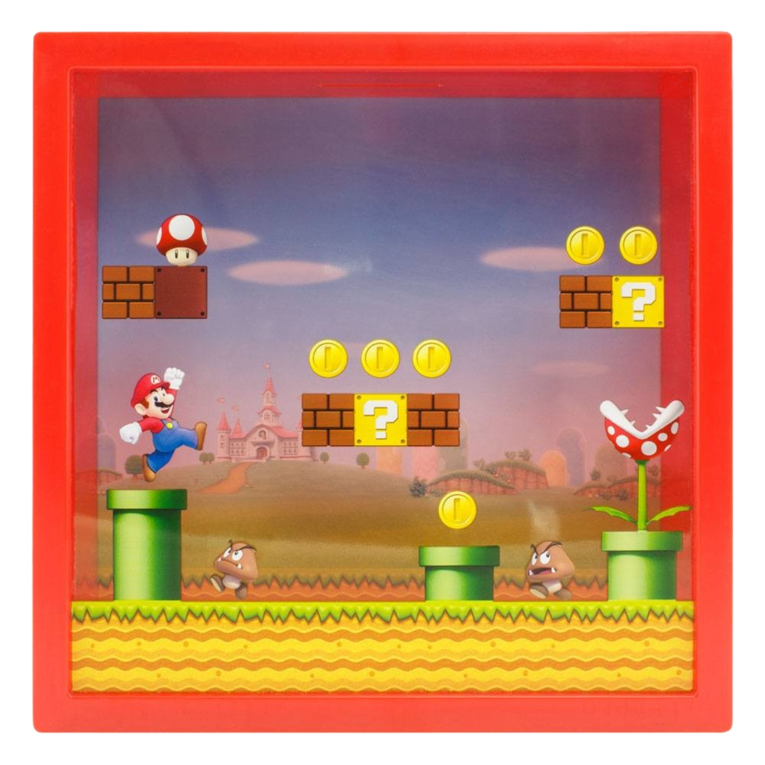 Eine gerahmte Mario-Szene. Mario springt von einem grünen Rohr mit Münzen und Feinden. Ein Pilz und eine Piranha-Pflanze sind ebenfalls sichtbar.