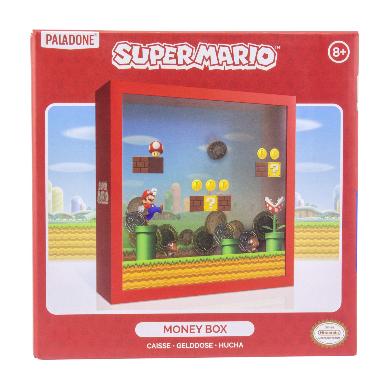 Super Mario Geldbox. Roter Rahmen mit Mario-Szene. Box hat Münzen, Figuren und Ziegelplattformen. Der Hintergrund ist blau.