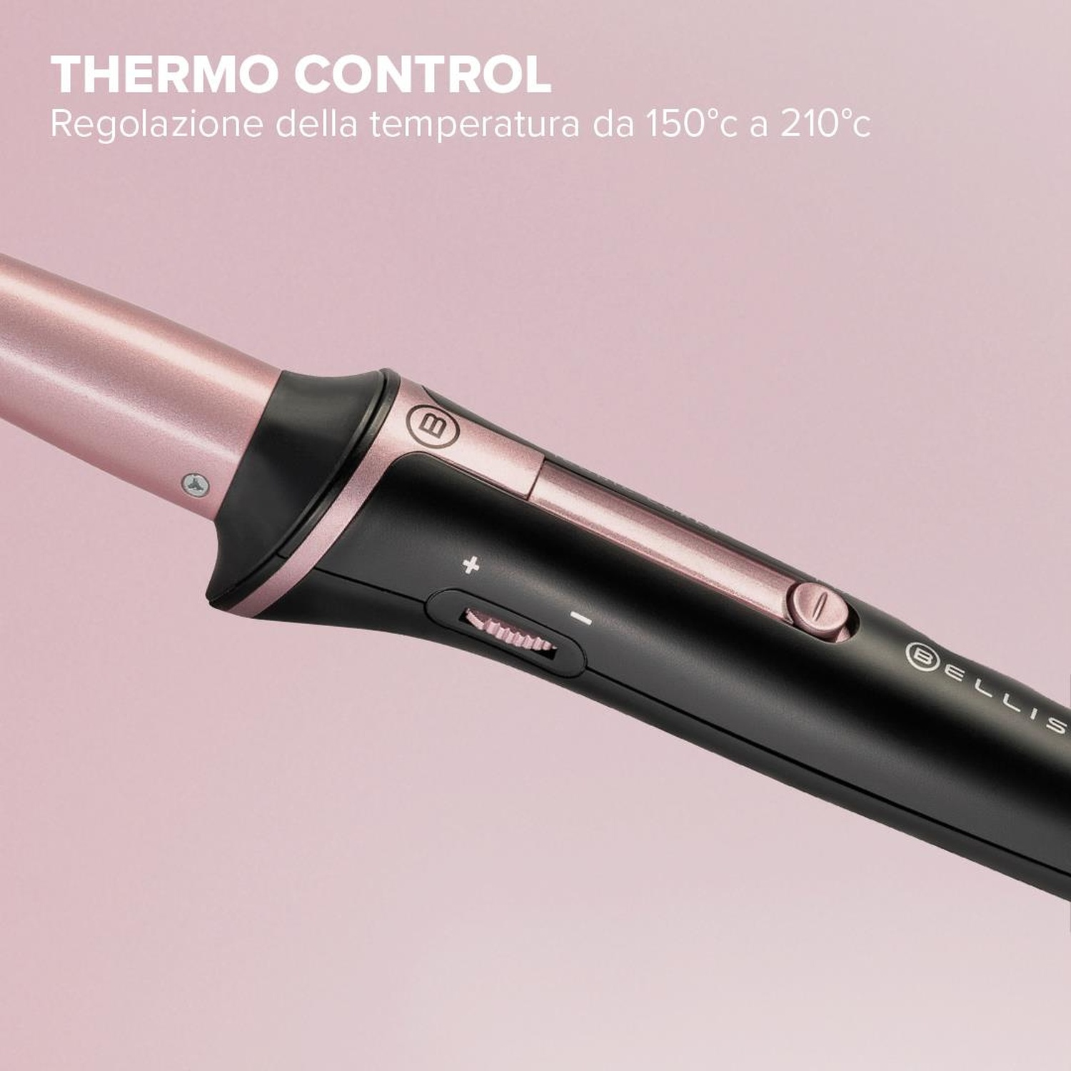 Ein Lockenstab mit schwarzem Griff und roségoldenen Akzenten. Thermo Control Text ist sichtbar.