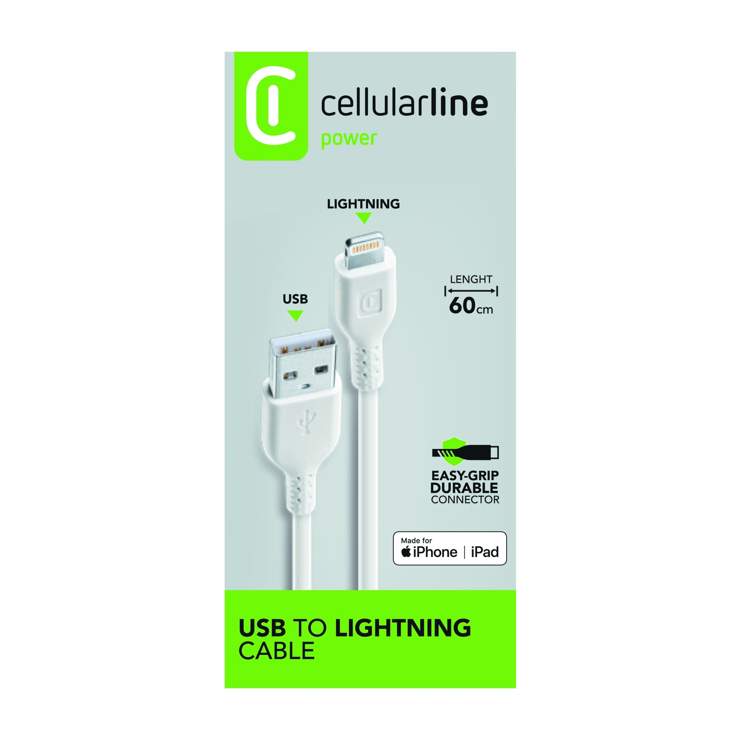 Cable USB a Lightning blanco. El embalaje tiene la marca Cellularline, nombre del producto, compatibilidad con iPhone y iPad.