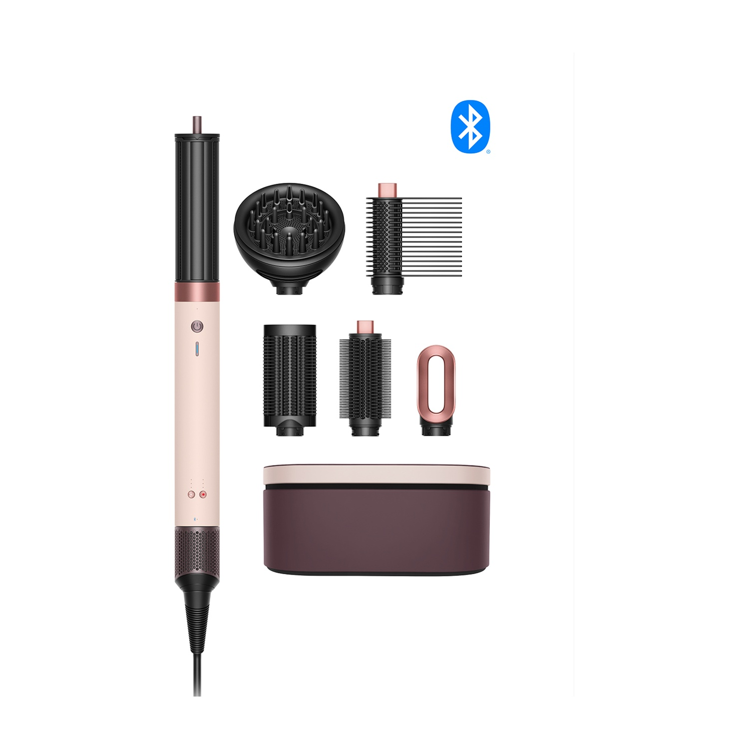 Ein Haarstyling-Set mit einem rosa-schwarzen Haartrockner, verschiedenen Aufsätzen, einem Etui und einem Bluetooth-Symbol.