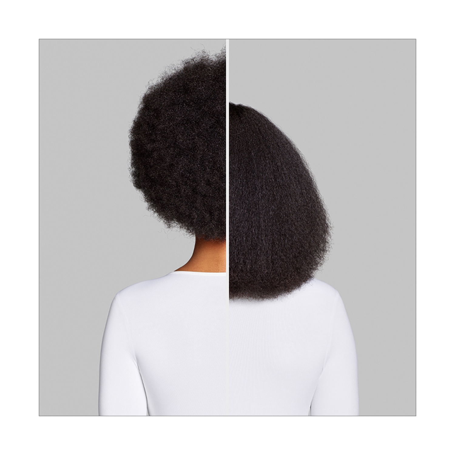 Persona vista da dietro, due acconciature. A sinistra: afro. A destra: capelli lisci. Entrambi neri.