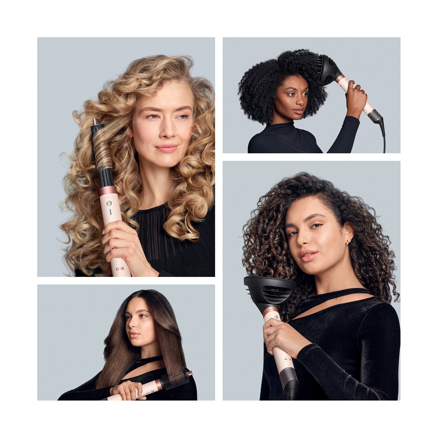 Quattro donne con diverse acconciature che usano uno strumento per lo styling dei capelli. Lo strumento ha una combinazione di colori bianco e oro rosa. Sfondo grigio.