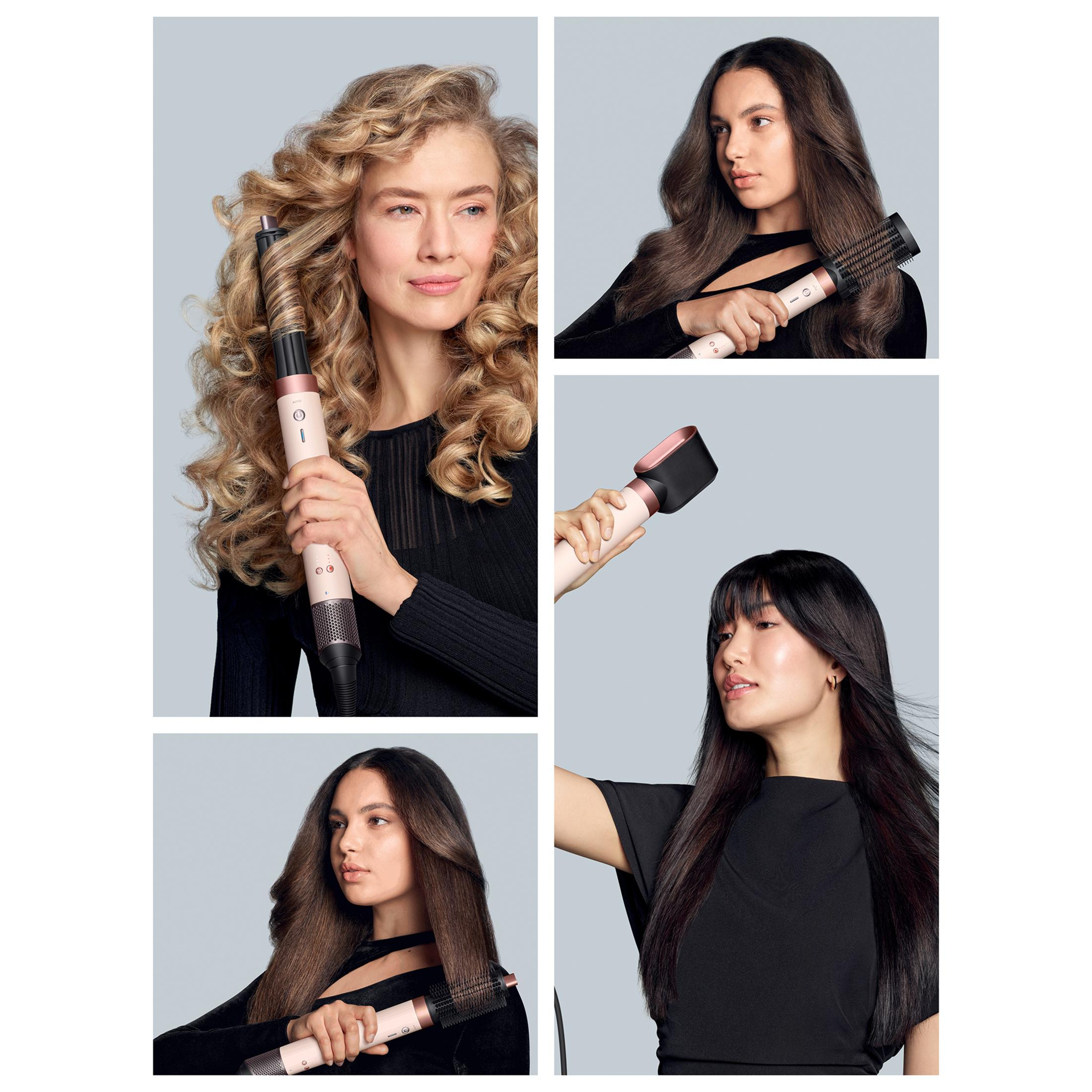 Quattro donne si acconciano i capelli con diversi accessori di uno strumento per lo styling rosa e nero su sfondo grigio chiaro.