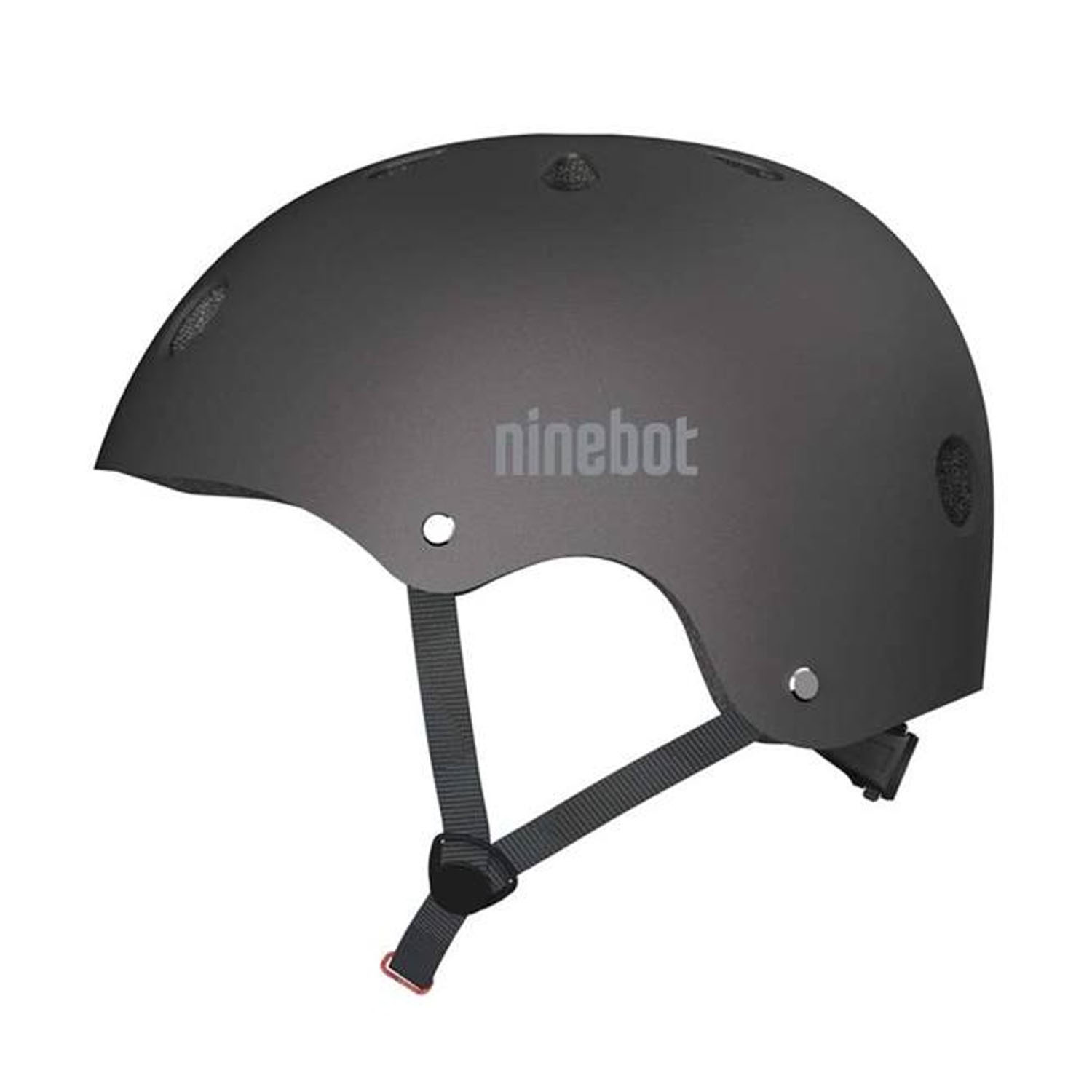 Un casco Ninebot grigio scuro è mostrato su sfondo bianco. Ha un sottogola e un logo laterale.