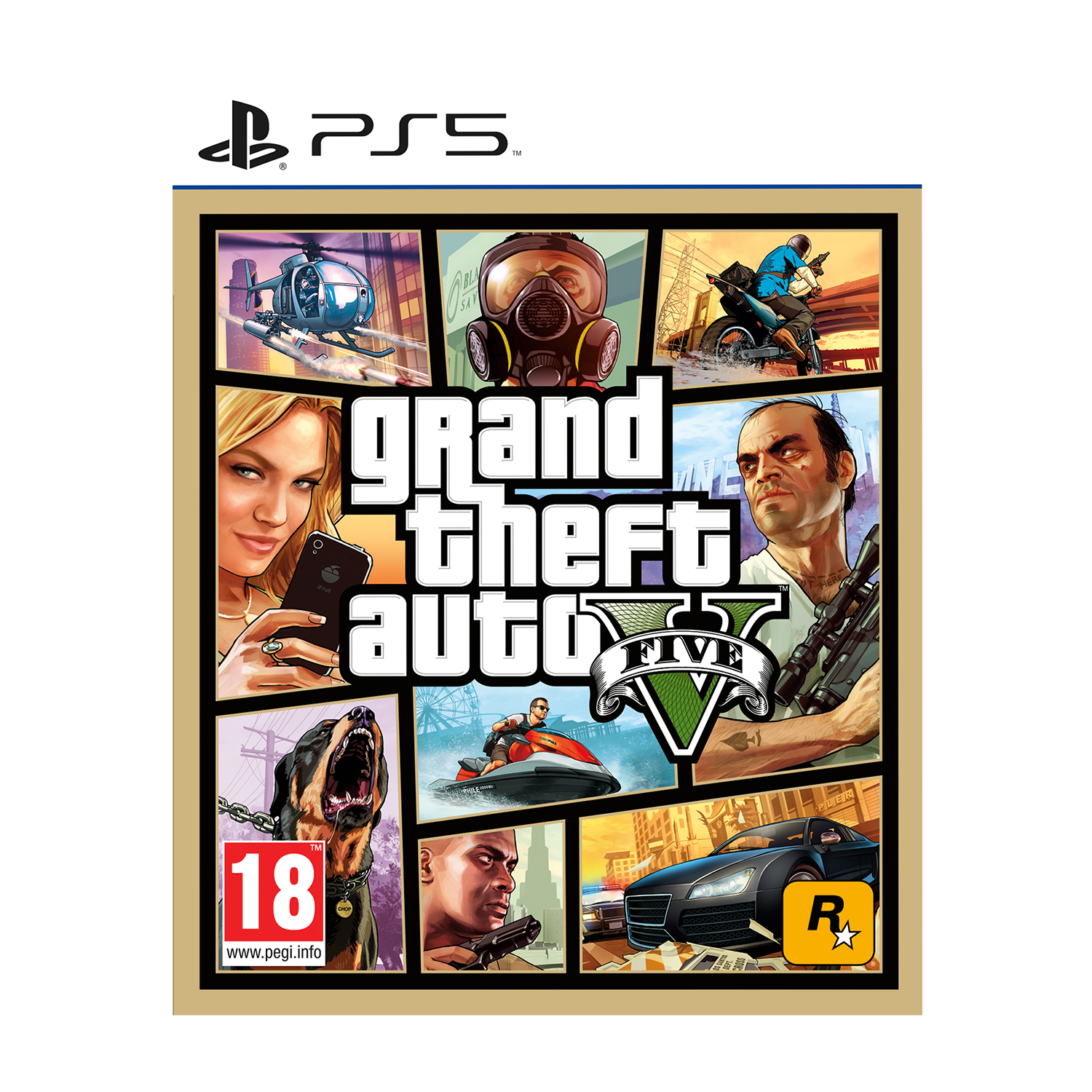 Copertina di Grand Theft Auto V. Personaggi e veicoli sono in mostra. Il logo include 'V' e '5'. L'età consigliata è 18.