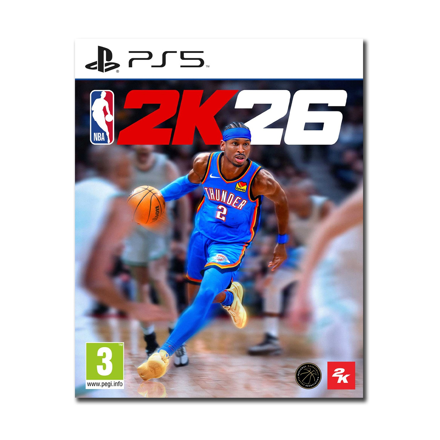 Portada de NBA 2K26. Un jugador de baloncesto con uniforme azul dribla. El logotipo del juego está arriba. Logo PS5 arriba.