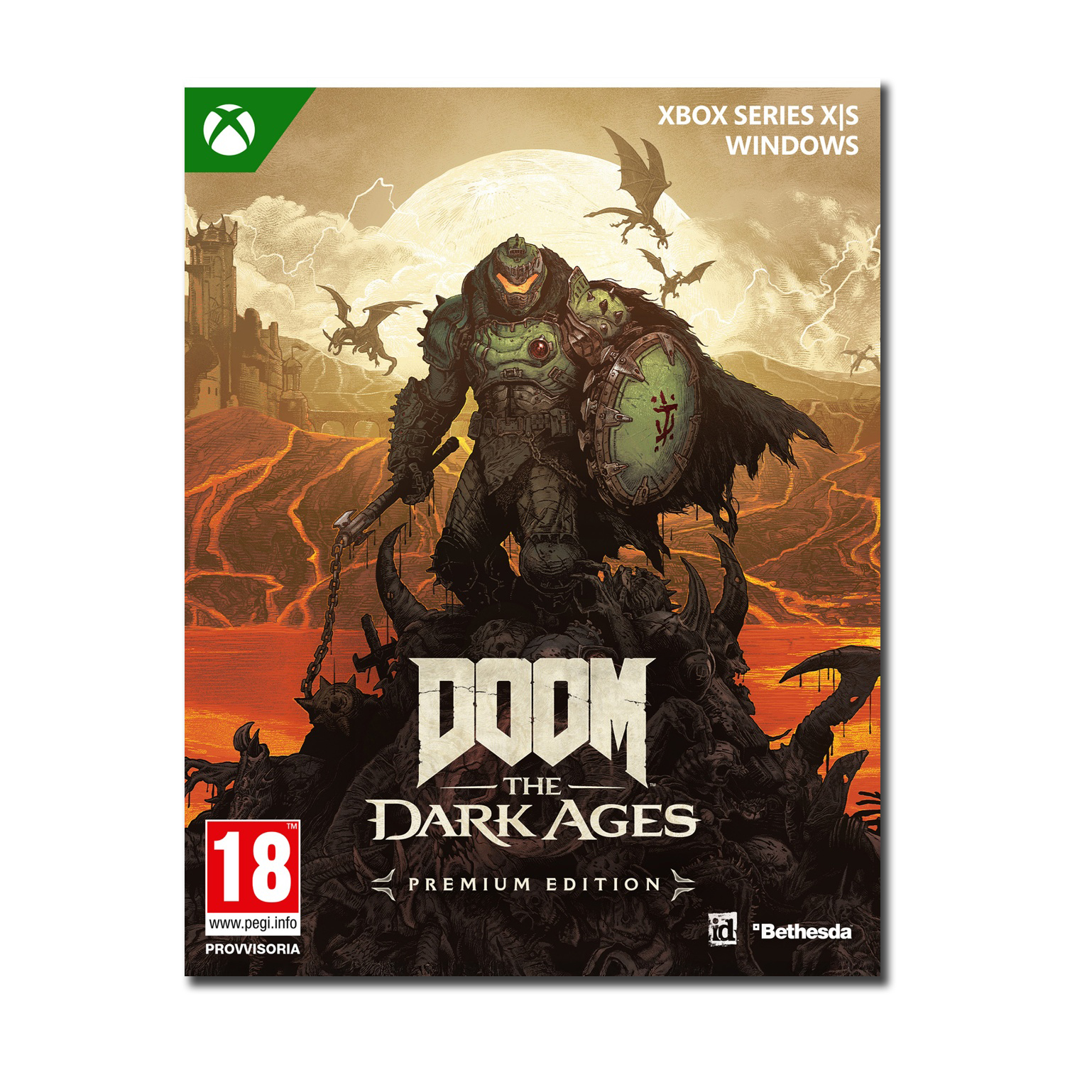 Okładka Doom: The Dark Ages. Wojownik w zielonej zbroi trzyma broń, w tle smoki, zamek i lawa.