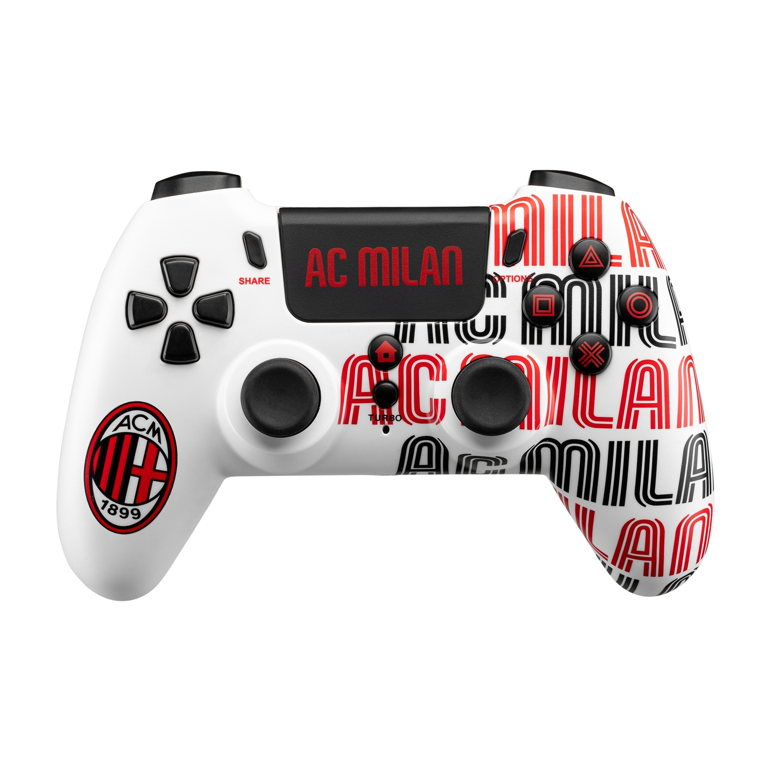Biały kontroler PlayStation z marką AC Milan. Zawiera logo drużyny i tekst "AC Milan" w kolorze czerwonym i czarnym.