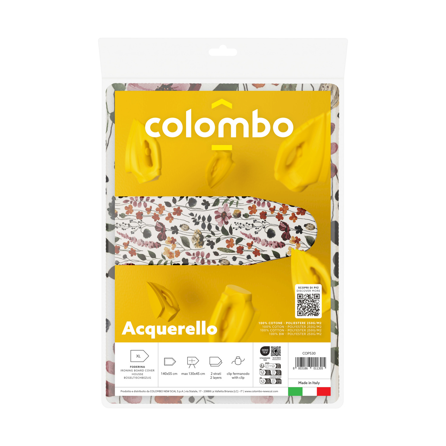 Confezione per una fodera per asse da stiro. Sfondo giallo con design floreale. Marchio 'Colombo' visibile.