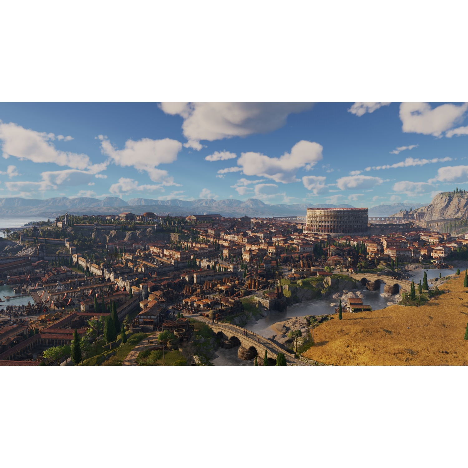 Un'antica città con edifici, ponti e un colosseo sotto un cielo blu con nuvole. Montagne sullo sfondo.