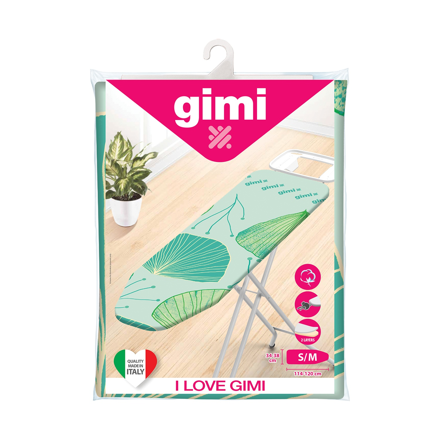 Un'asse da stiro confezionata con un design floreale. La confezione ha una parte superiore rosa con il marchio GIMI. L'asse è verde menta.