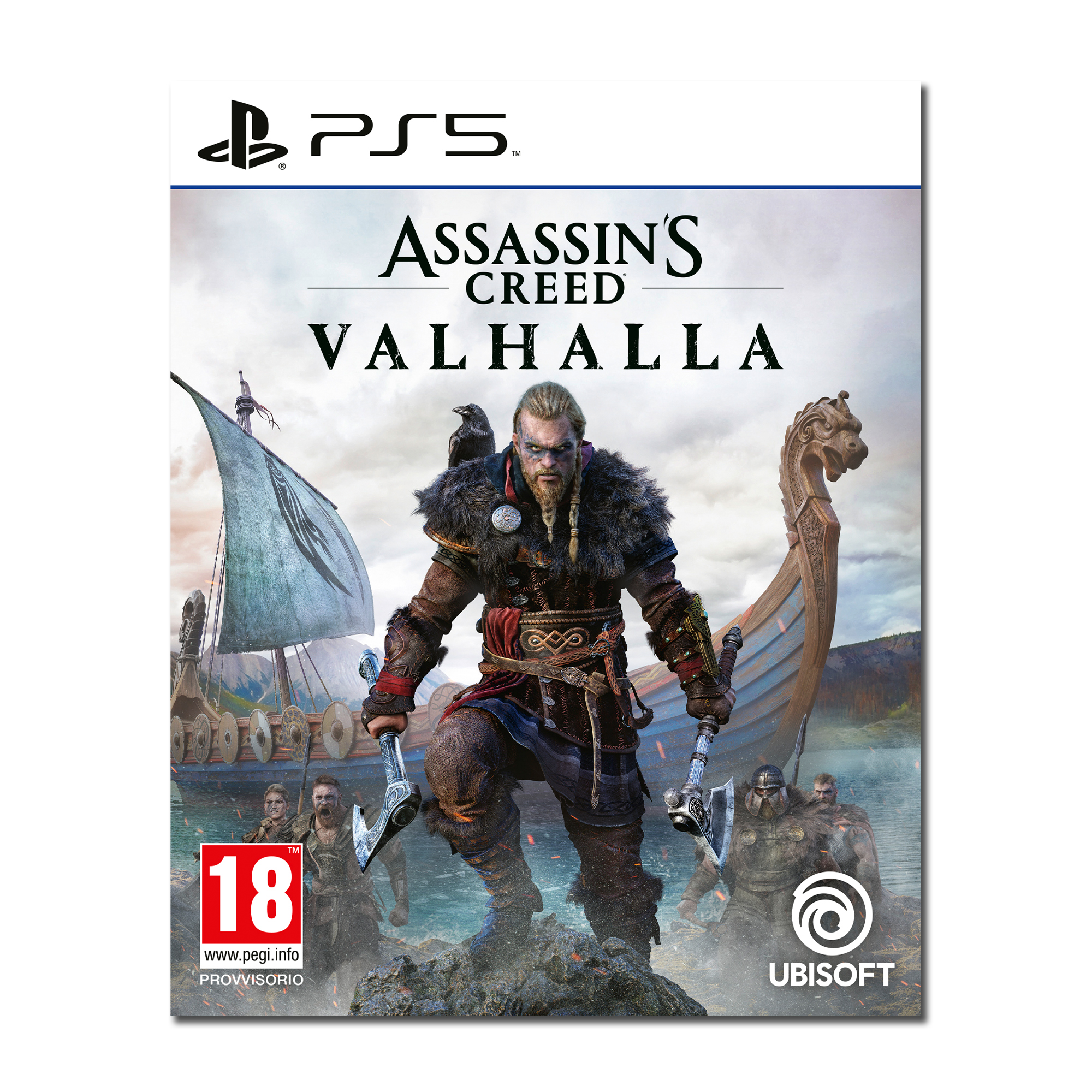 Copertina del gioco Assassin's Creed Valhalla. Un vichingo tiene delle asce. Nave vichinga e figure sullo sfondo.