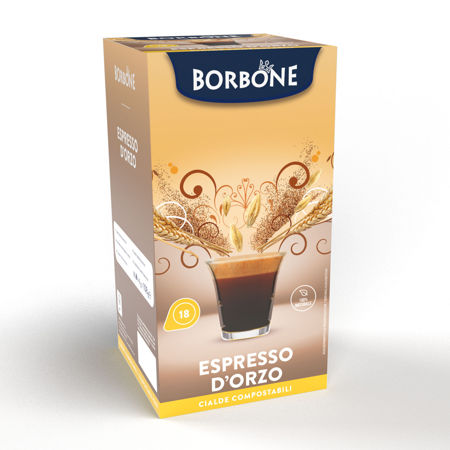 Scatola di Borbone Espresso D'Orzo. Mostra una tazza di caffè e la scritta '100% naturale'. La scatola è marrone con dettagli oro.