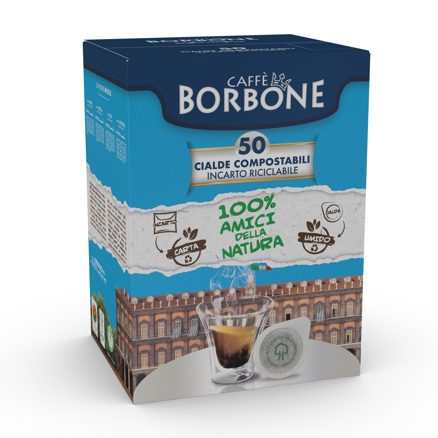 Scatola di cialde di caffè Borbone. Ha un design blu e bianco, con l'immagine di una tazza di caffè davanti a un edificio.