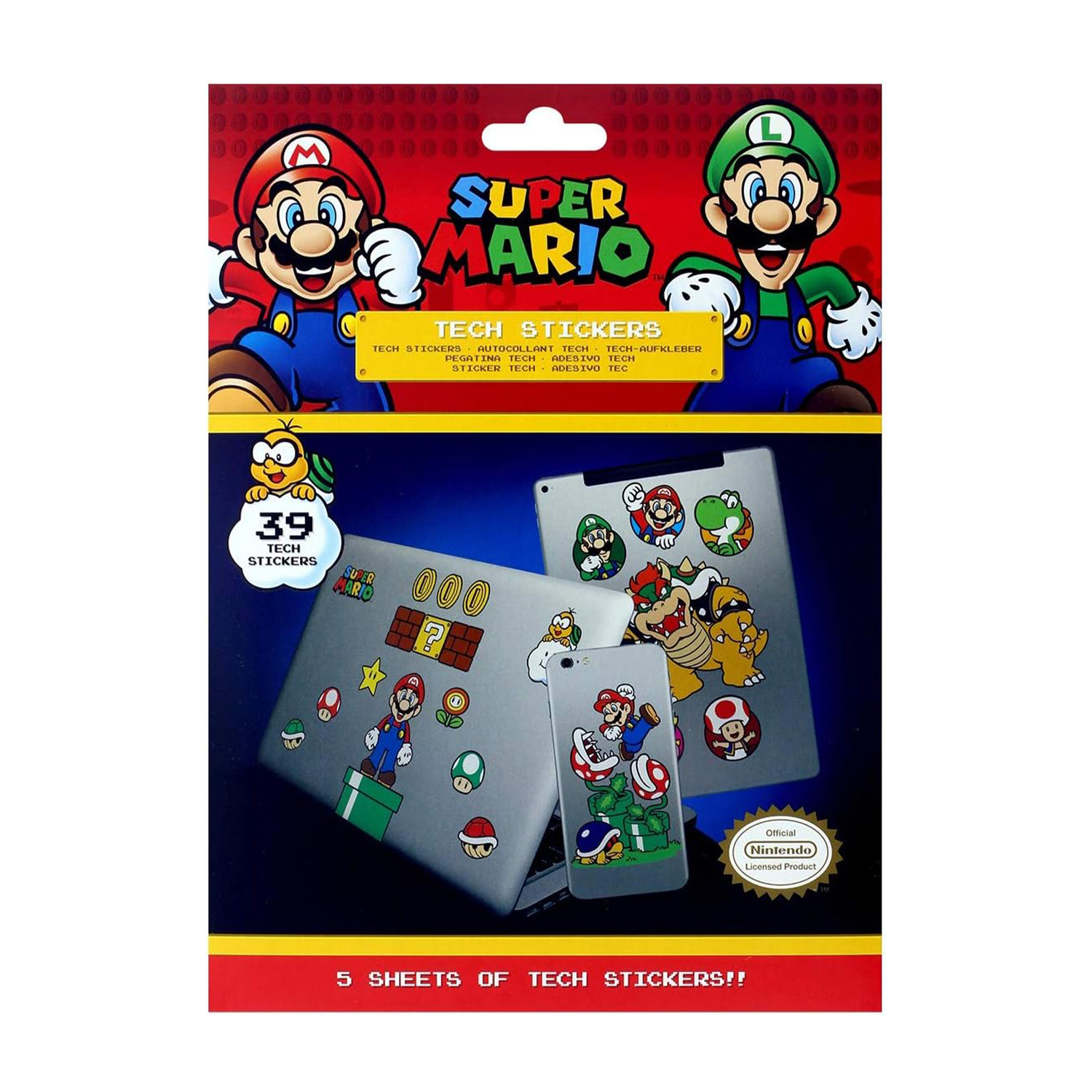 Pakiet naklejek technologicznych Super Mario. Zawiera Mario i Luigiego z naklejkami na laptopach i telefonach. Oficjalny produkt Nintendo.