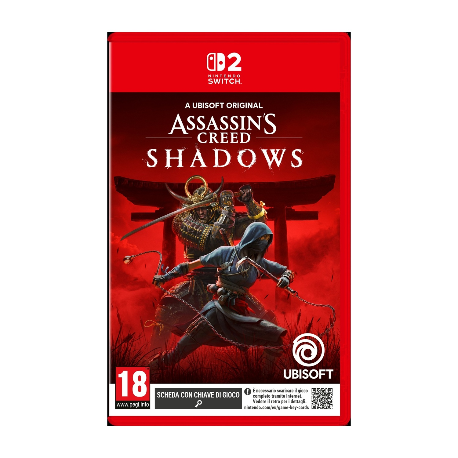 Okładka gry Assassin's Creed Shadows. Przedstawia dwie postacie w akcji, samuraja i ninja, na czerwonym tle.