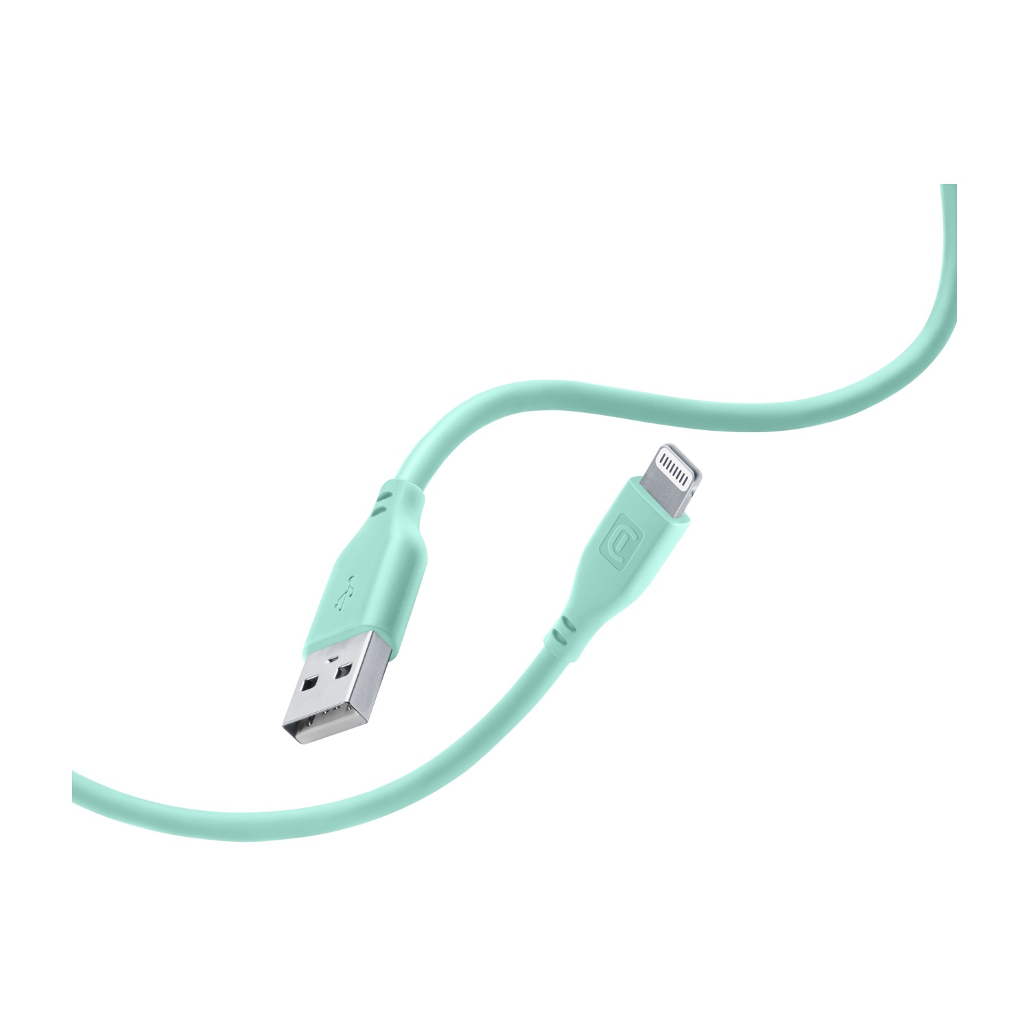 Un cavo da USB a Lightning verde menta su sfondo bianco. L'estremità USB a sinistra, Lightning a destra.
