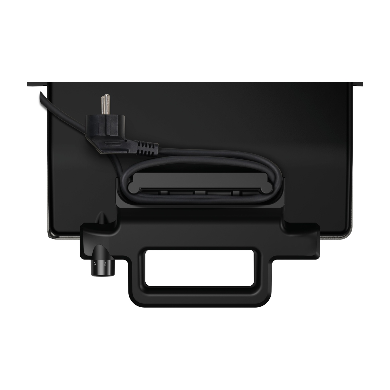 A close-up of a black device with a handle, power cord, and a plug. The handle has numbers 1, 2, and 3.