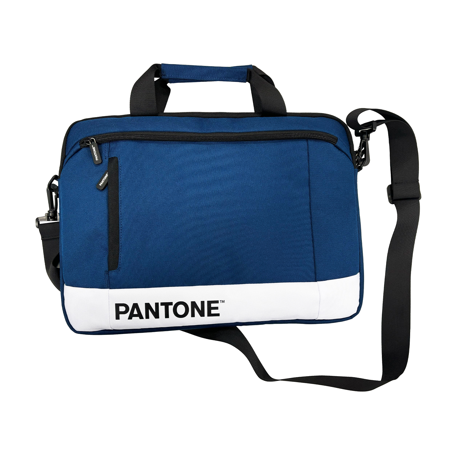 Eine blaue Pantone-Laptoptasche mit weißem Streifen und Pantone-Logo. Sie hat einen schwarzen Griff, Gurt und Reißverschlüsse.