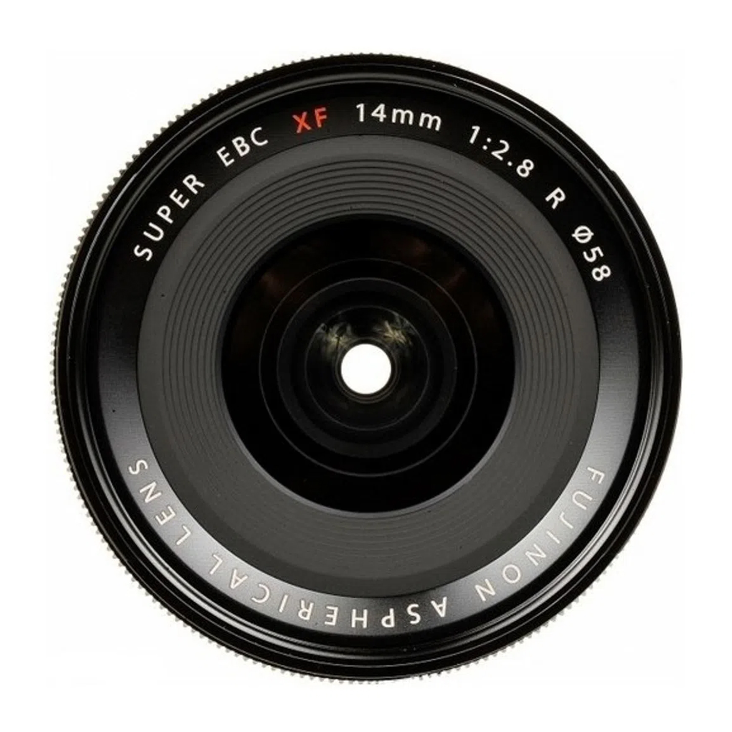 Obiettivo nero con testo bianco: Super EBC XF 14mm 1:2.8 R Ø58. Obiettivo asferico Fujinon. Isolato su sfondo bianco.
