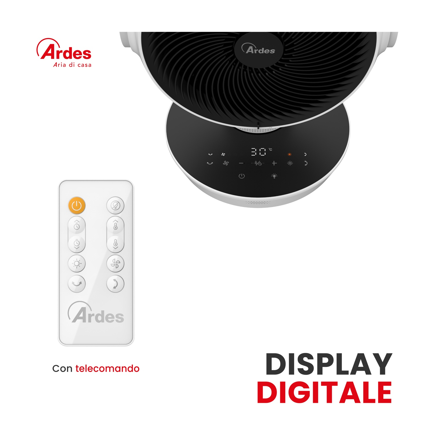 Een wit en zwarte ventilator met afstandsbediening. Het heeft een digitaal display en het merk is Ardes.