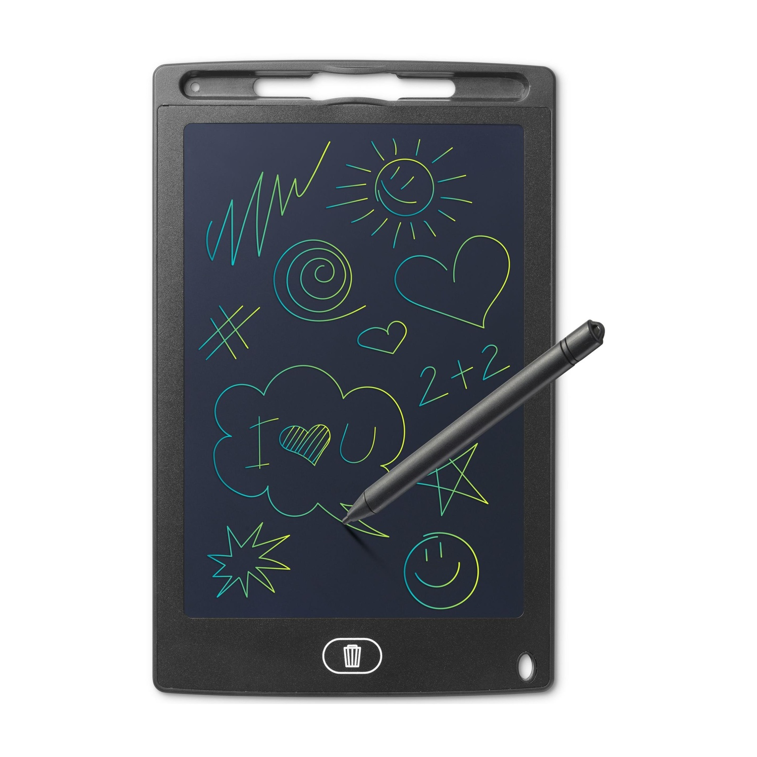Tavoletta nera per scrivere con disegni verdi e gialli, tra cui un sole, un cuore, ti amo e simboli matematici. È presente una penna.