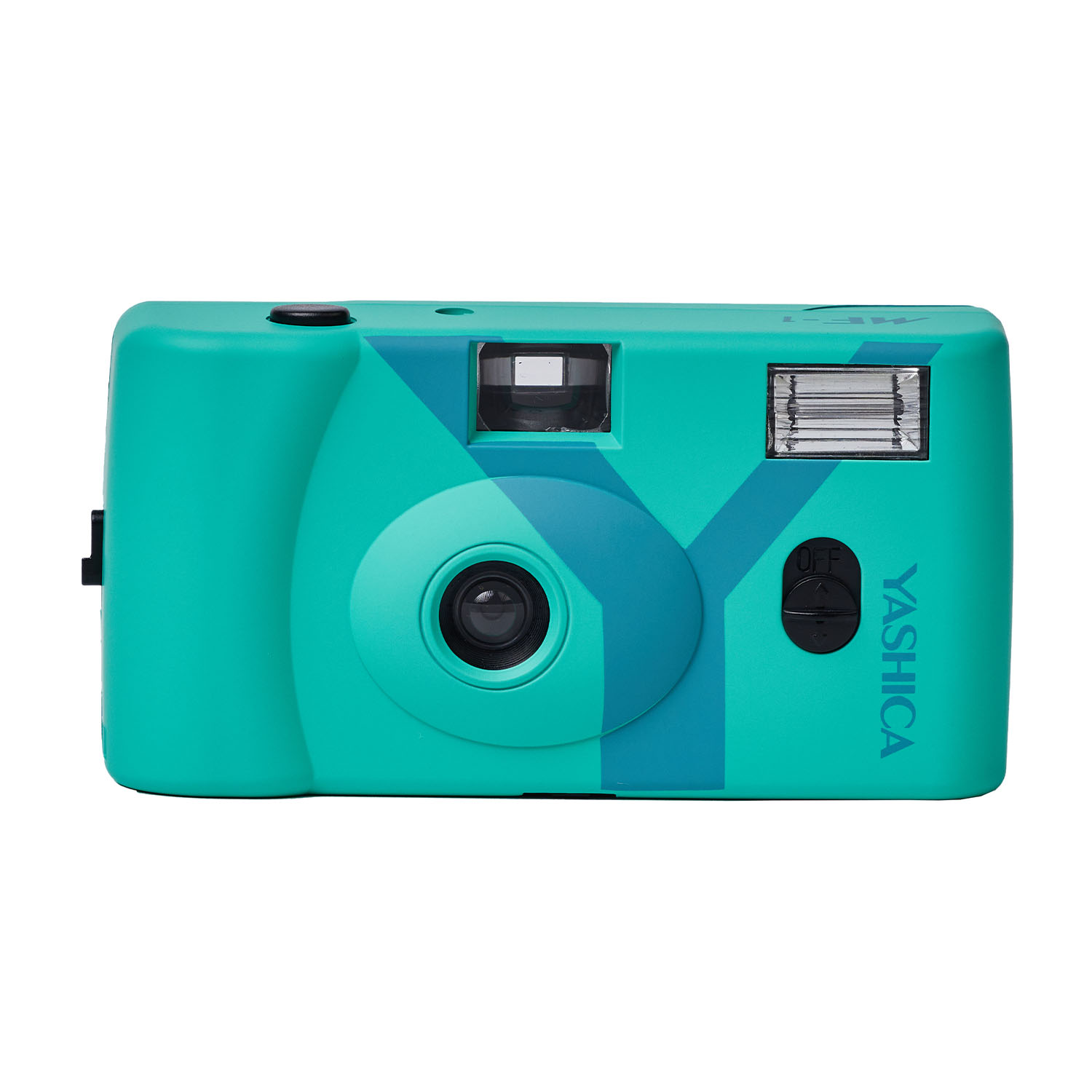 Eine türkisfarbene Einwegkamera Yashica MF-1 mit Objektiv, Blitz und Ein-/Ausschalter. Die Kamera hat ein geometrisches Design.