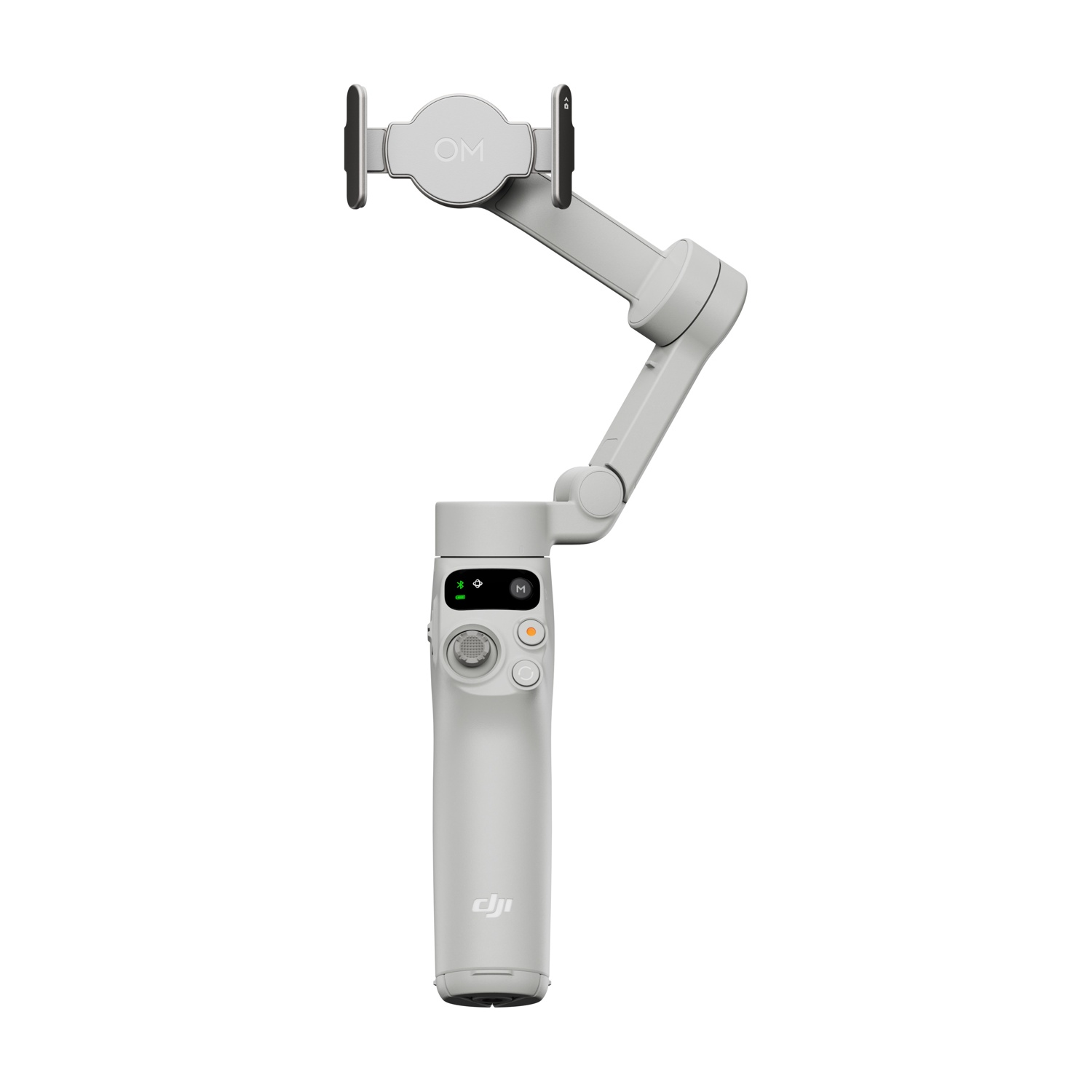 Ein weißer Hand-Gimbal-Stabilisator. Er hat einen ausziehbaren Arm mit einer Telefonhalterung und einen Bedienungsgriff mit Knöpfen.