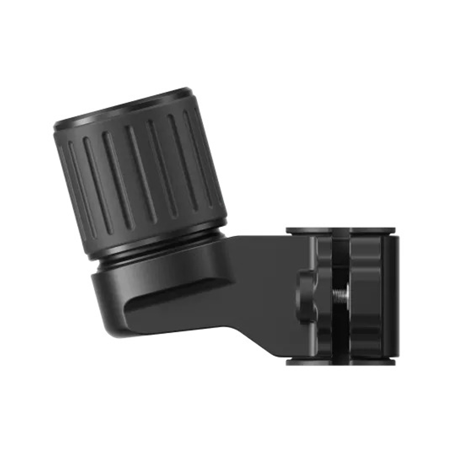 Un accessorio nero per fotocamera, angolato. Presenta un componente cilindrico e un pezzo rettangolare con una vite. Isolato su bianco.