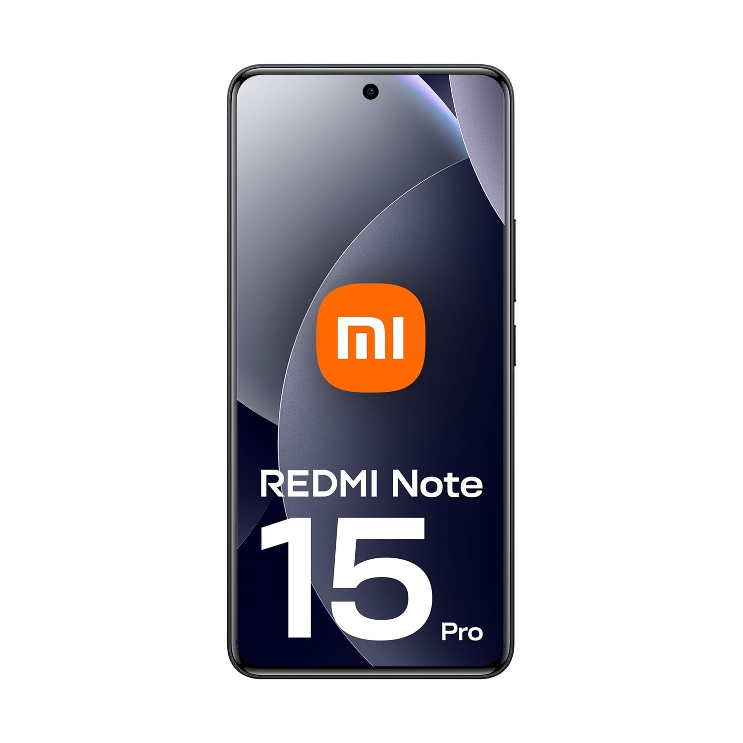 Ekran smartfona wyświetla logo Redmi Note 15 Pro. Tło ma ciemny, abstrakcyjny wzór z pomarańczowym logo.