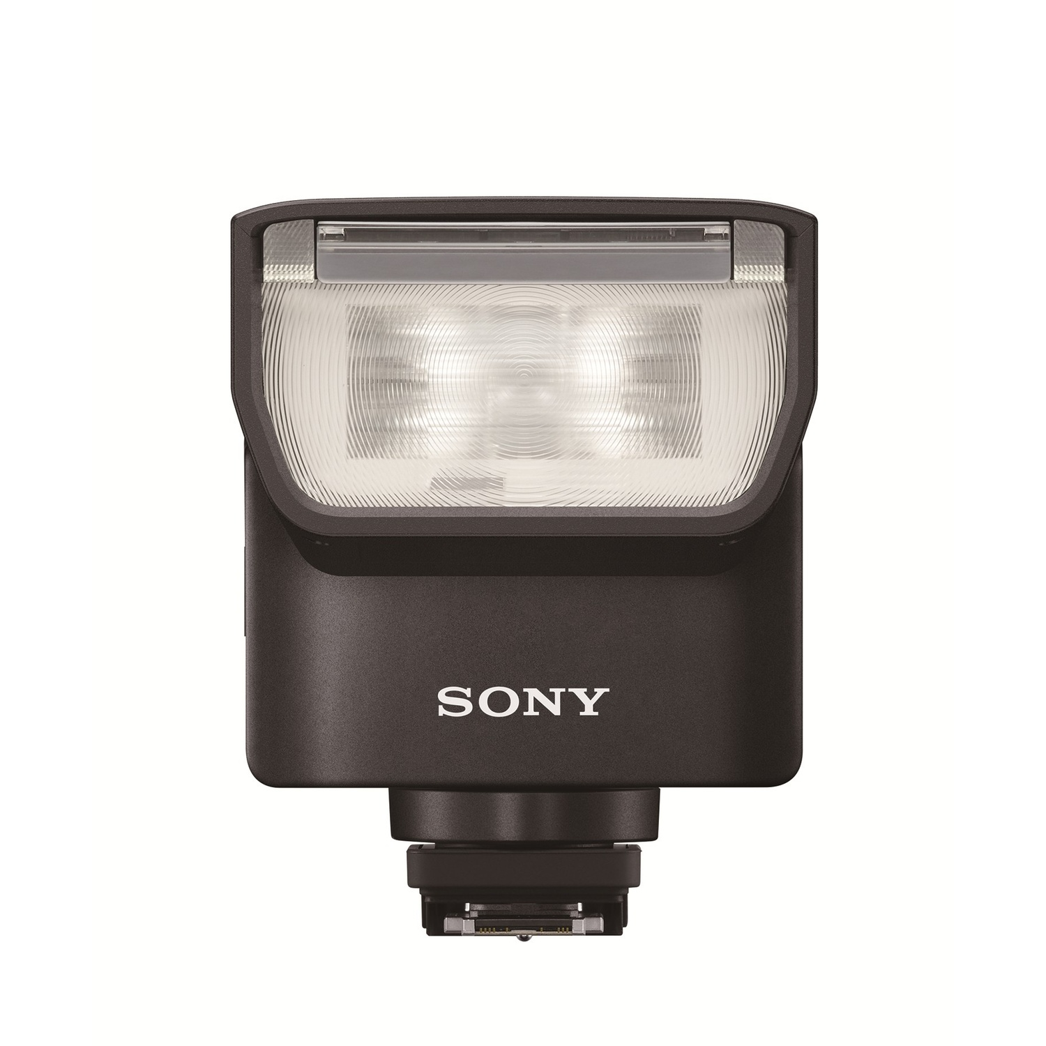 Un flash de cámara Sony negro sobre un fondo blanco. El flash tiene una cabeza rectangular y la marca es visible.