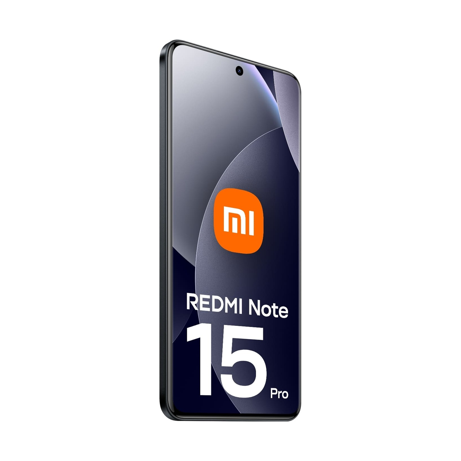 Un smartphone Redmi Note 15 Pro. L'écran affiche le logo de la marque et du texte. Le téléphone est noir, avec un fond blanc.