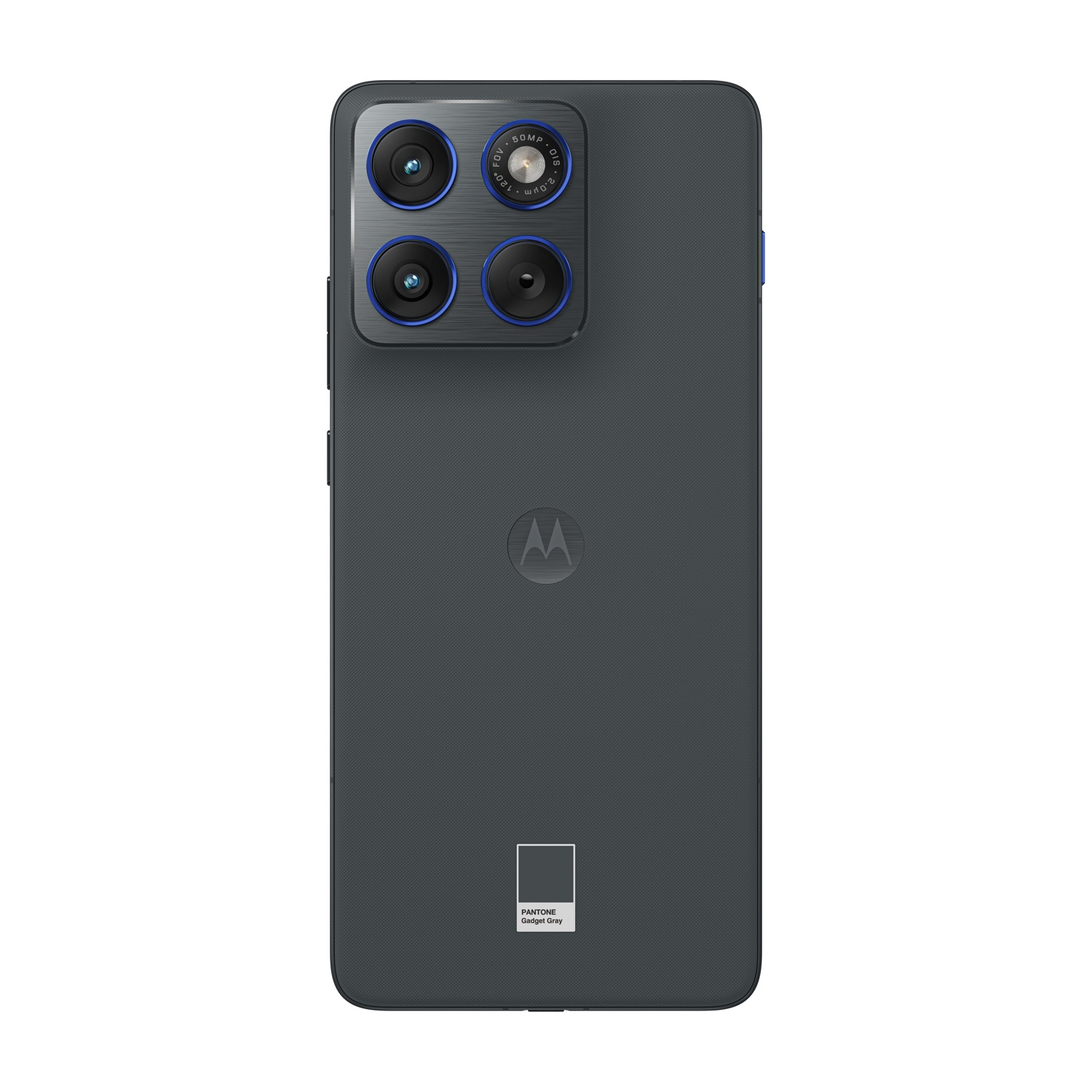 Szary smartfon z modułem aparatu. Z tyłu logo Motorola i etykieta Pantone Gadget Gray.
