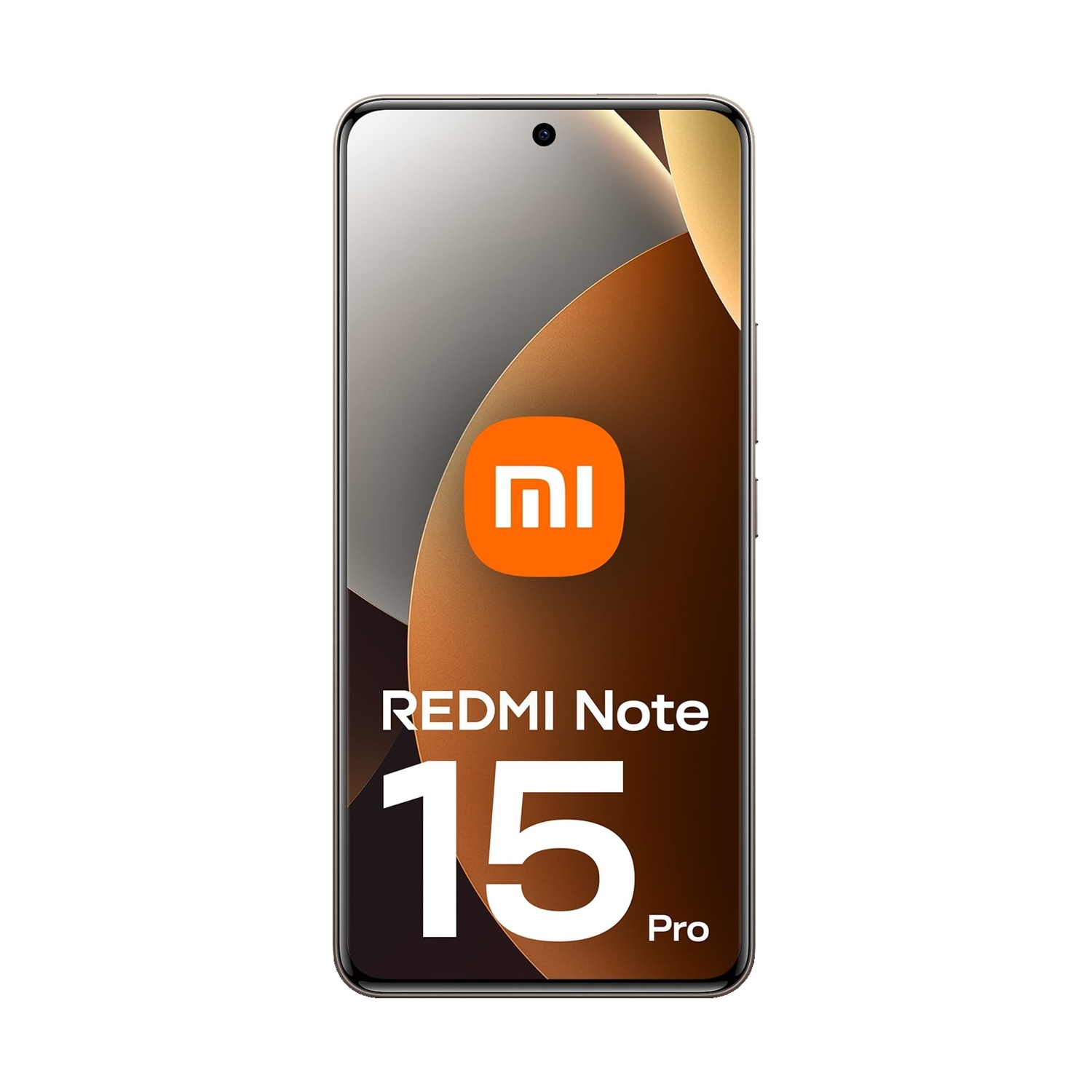 Een smartphone met een scherm met een bruin en oranje ontwerp, het Xiaomi-logo en de tekst 'REDMI Note 15 Pro'.