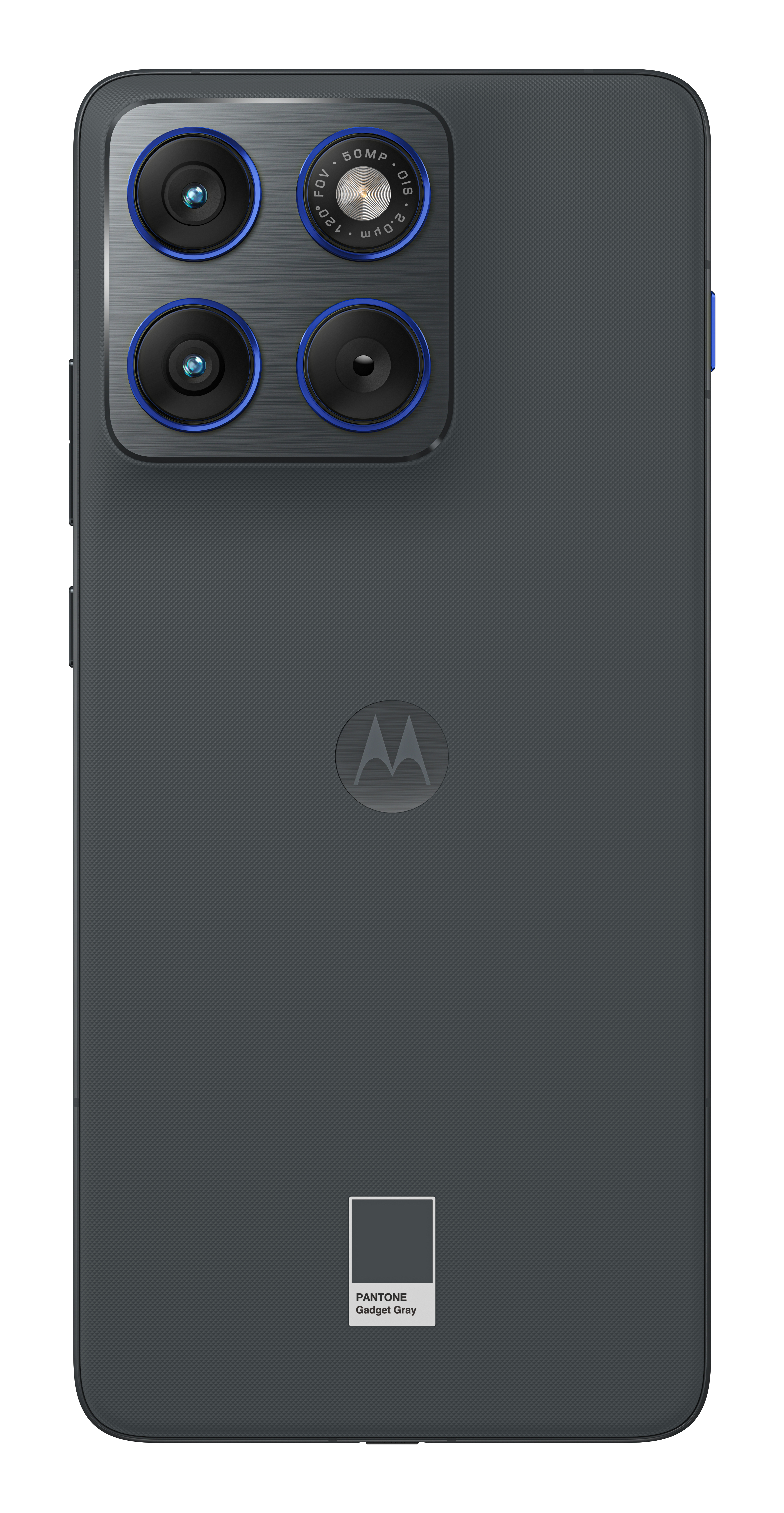 Rückseite eines grauen Motorola-Telefons mit Quad-Kamera-Array. Merkmale sind das Motorola-Logo und ein Pantone-Farbfeld in Gadget Grey.