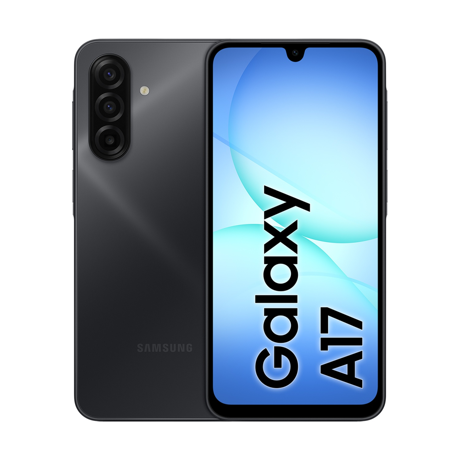 Ciemnoszary smartfon Samsung Galaxy A17. Posiada potrójny aparat, a na ekranie widnieje napis 'Galaxy A17'.
