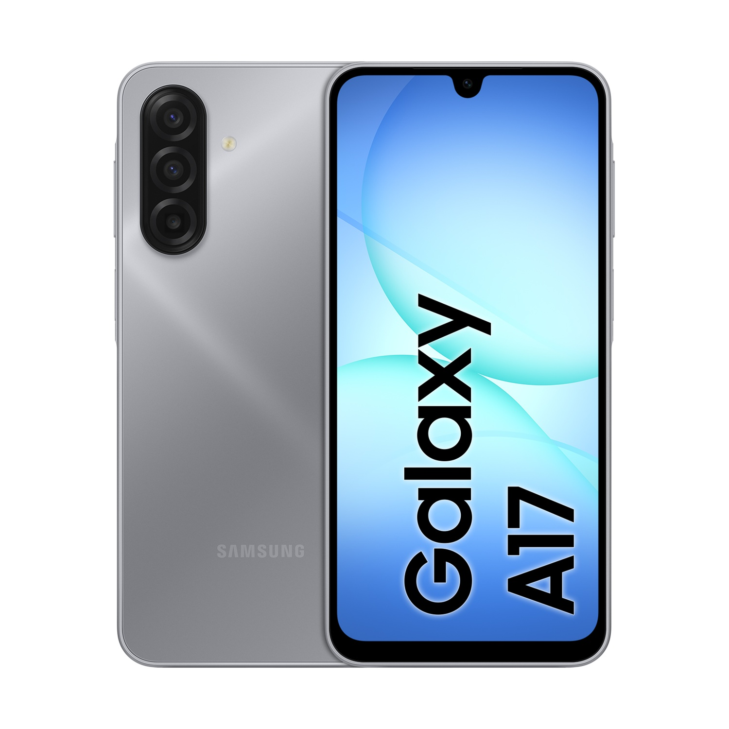 Srebrny telefon Samsung Galaxy A17 jest wyświetlany z przodu i z tyłu, ujawniając ekran i szczegóły aparatu.