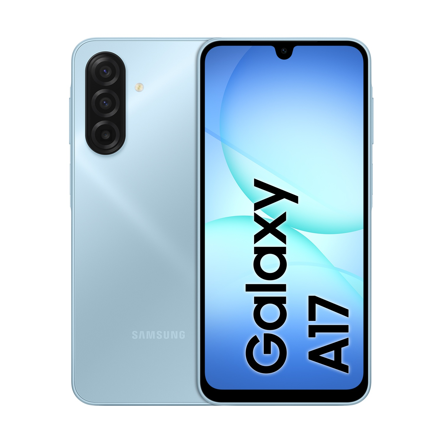 Viene mostrato un telefono Samsung Galaxy A17 azzurro. Il retro ha tre fotocamere. Lo schermo visualizza 'Galaxy A17'.